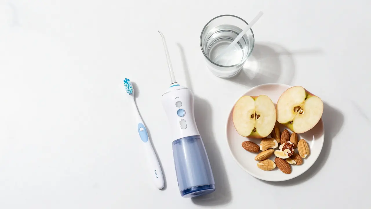 Hygienické pomůcky a jídlo pro péči o keramická rovnátka