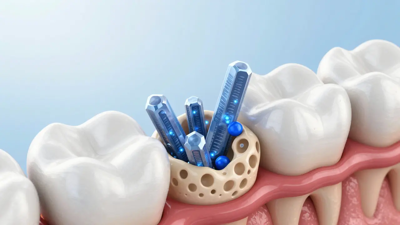 Ilustrace procesu remineralizace zubní skloviny fluoridem