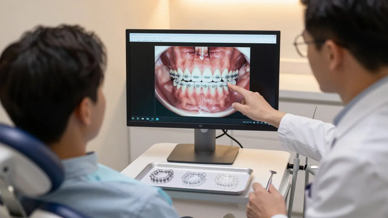 Ortodont ukazuje pacientovi 3D sken chrupu a nápravné pomůcky