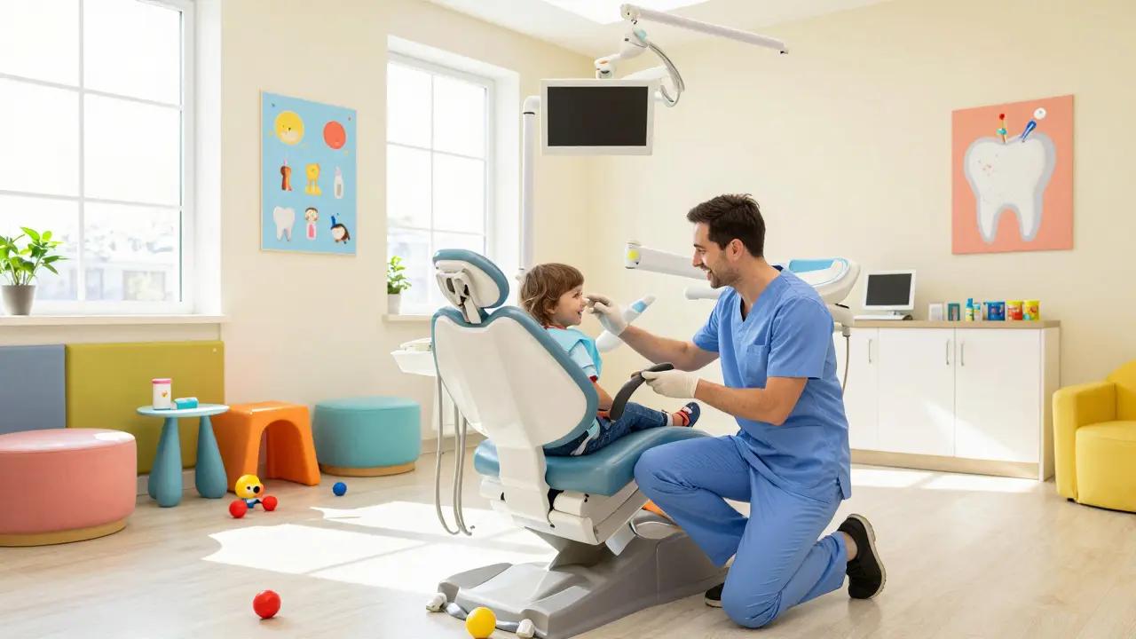 Přátelský dětský dentista v barevné ordinaci s usmívajícím se dítětem