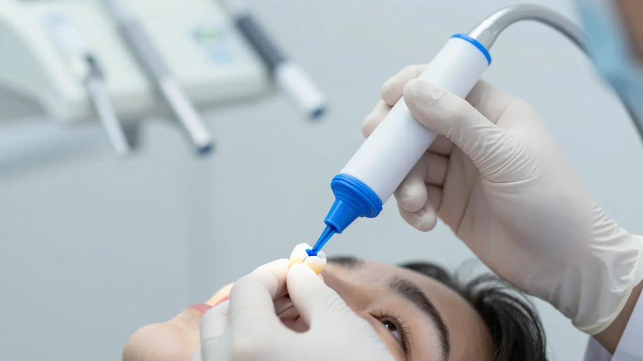 Stomatolog diagnostikuje prasklý zub pomocí barevného markéru