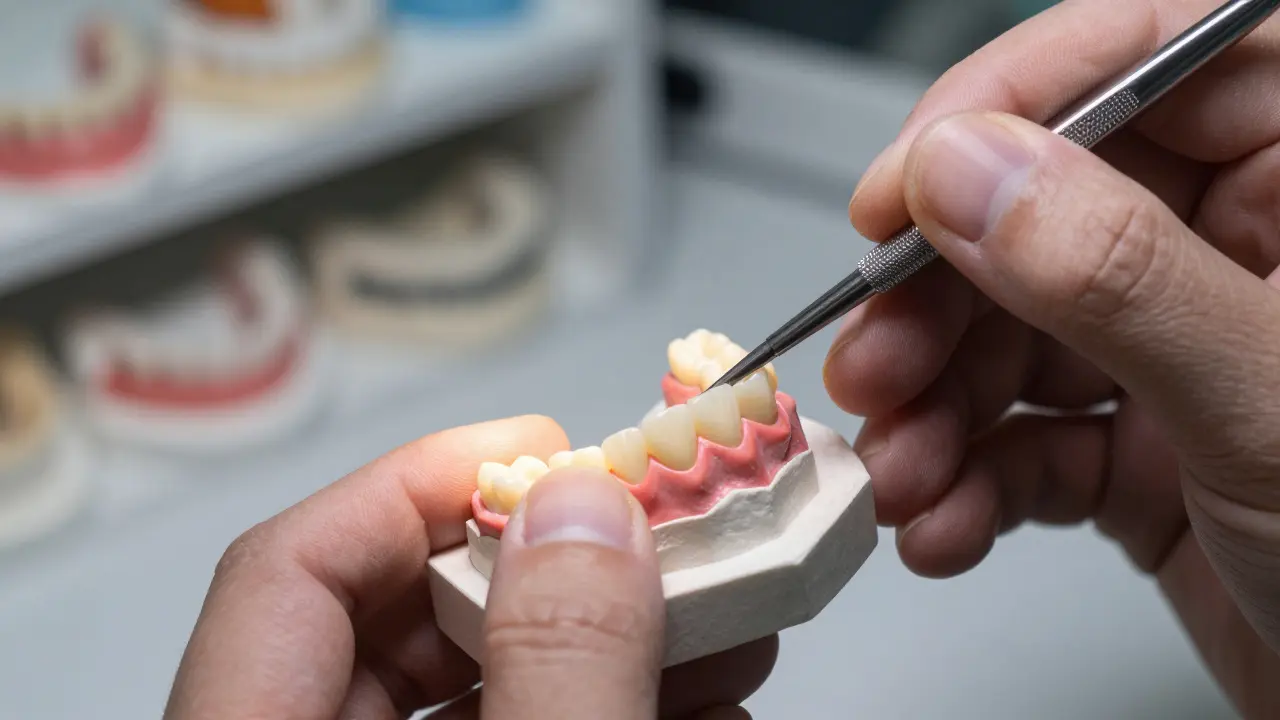 Technik tvaruje voskové zuby na modelu čelisti v laboratoři