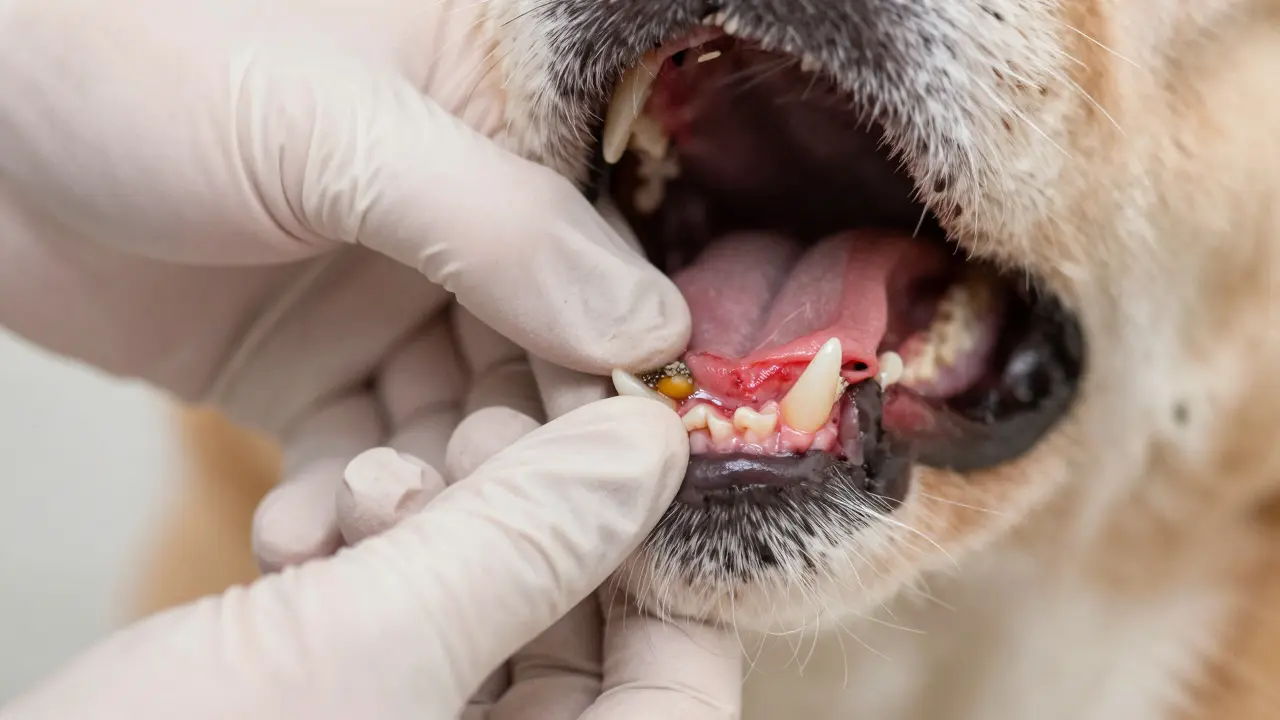 Veterinář zkoumá zánětlivé dásně a zubní kámen u psa