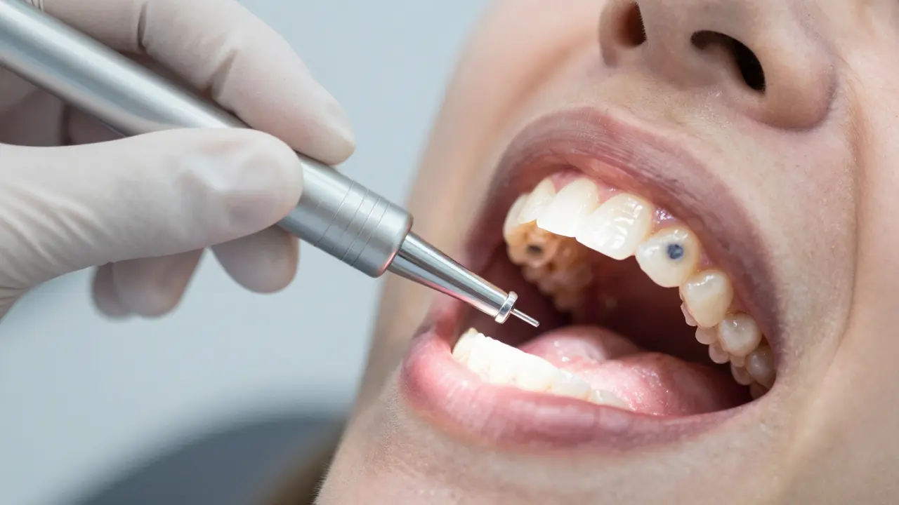 Zubní lékař zkoumá hloubkové zabarvení zubů pomocí speciálního diagnostického světla.