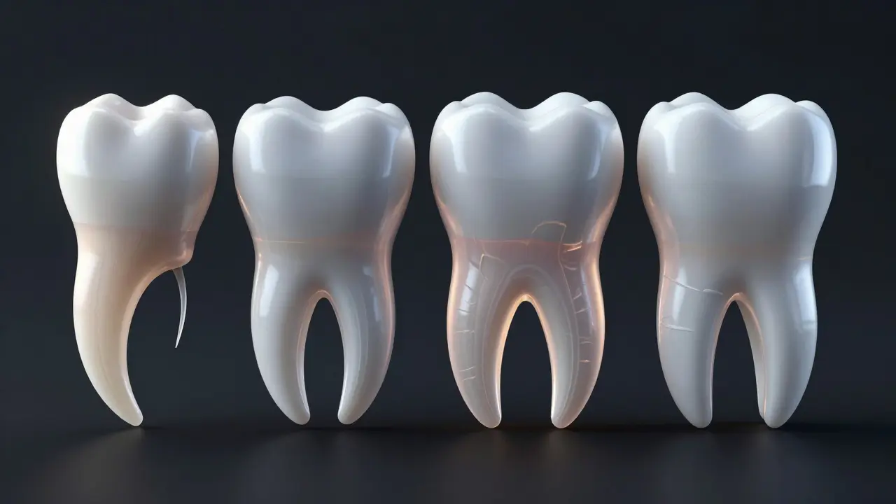 3D vizualizace různých tvarů kořenů u rezáků, stoliček a molárů