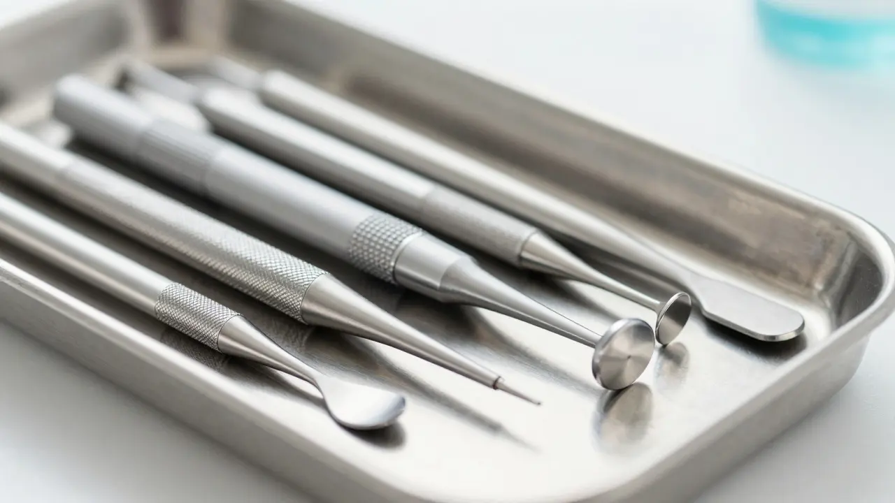 Detailní záběr na ultrazvukový škrabku a nástroje pro dentální hygienu
