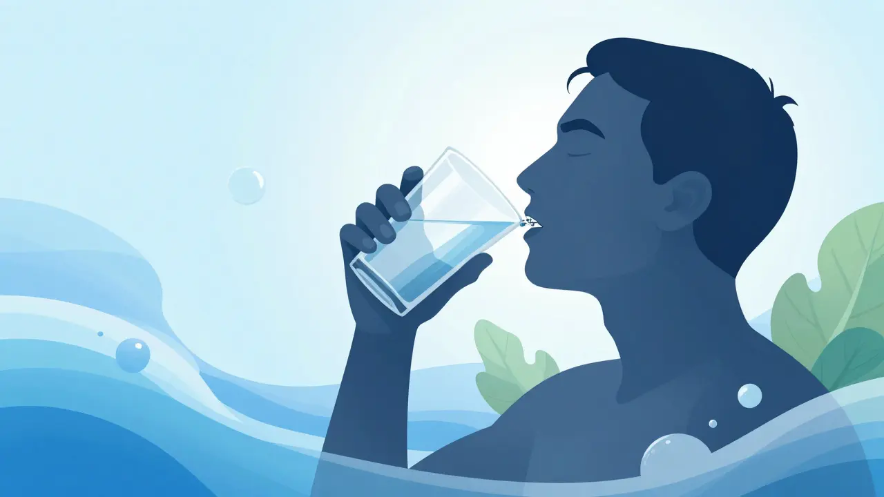 Ilustrace pití vody a vlákniny pro zdraví střev při rovnátkách