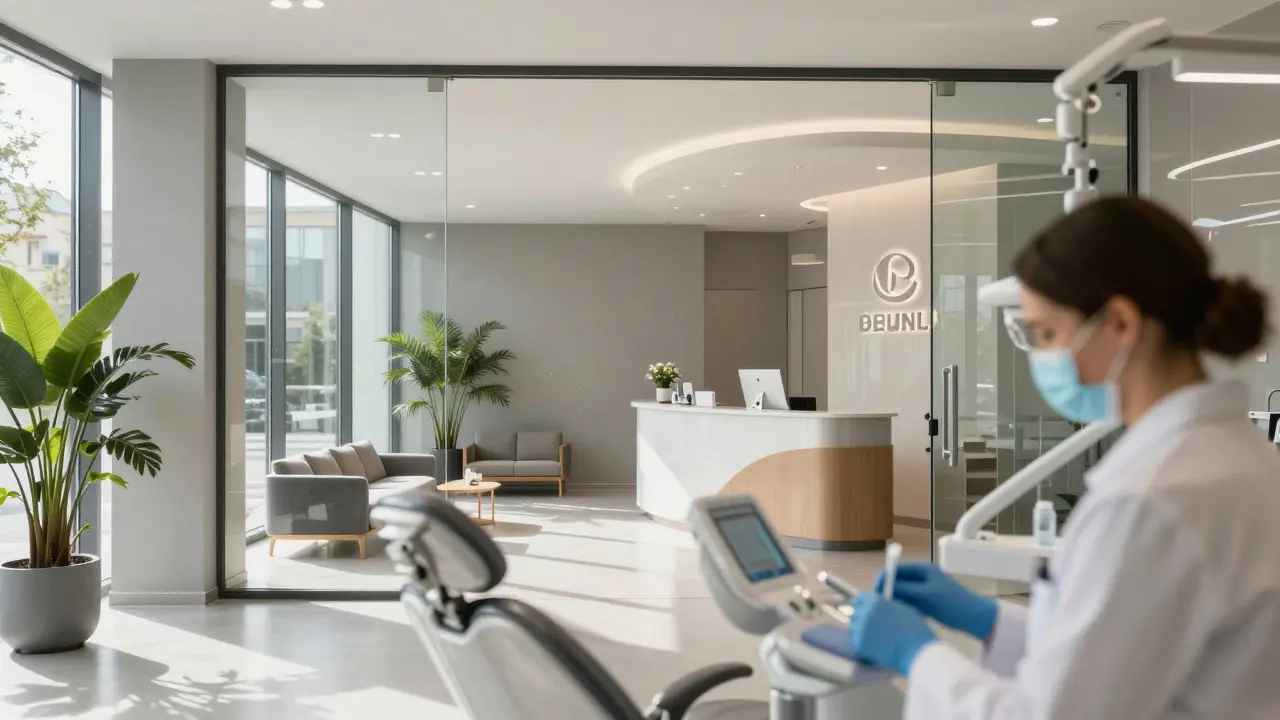 Interiér luxusní zubní kliniky v centru Prahy s moderním designem
