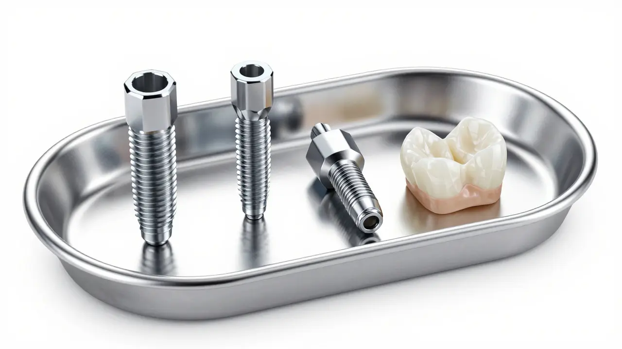 Komponenty zubního implantátu: šroubek, abutment a koruna