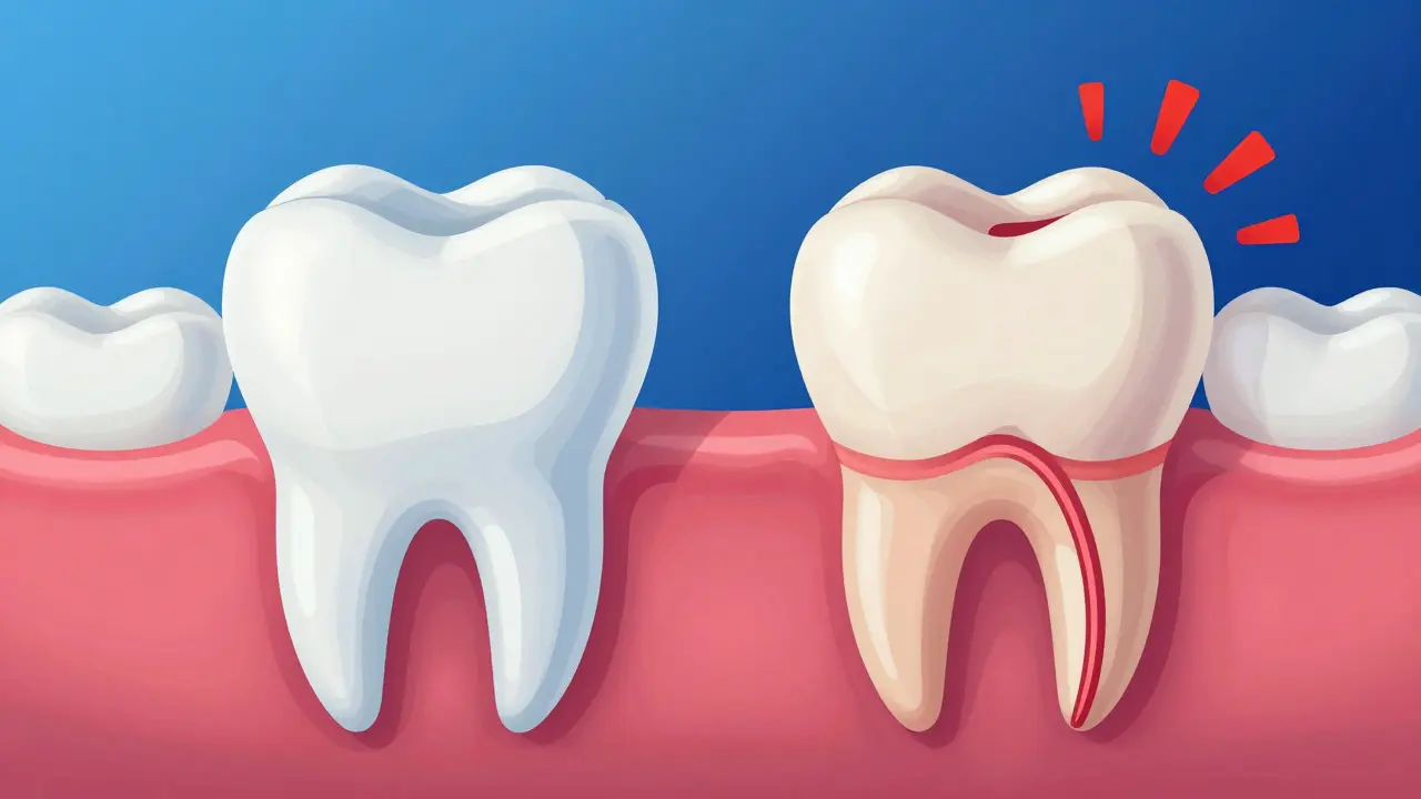 Srovnání zdravého zubu a zubu s odhaleným dentinem po broušení
