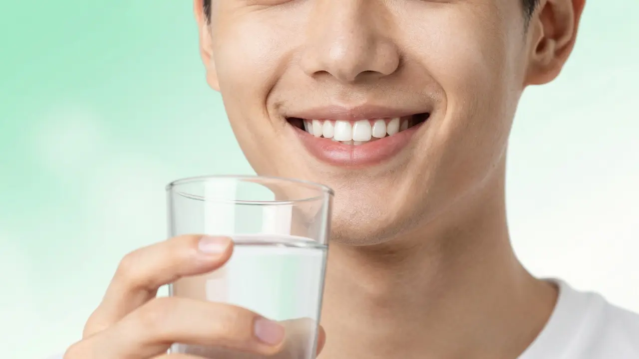 Úsměv člověka s přirozeně bílými zuby a sklenicí vody
