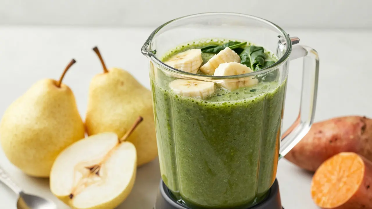 Zelené smoothie v mixéru a měkká zralá hruška vedle sklenice vody