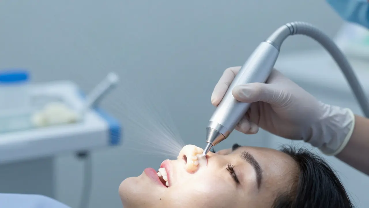 Zubní hygienista používající ultrazvukový scaler při čištění zubů