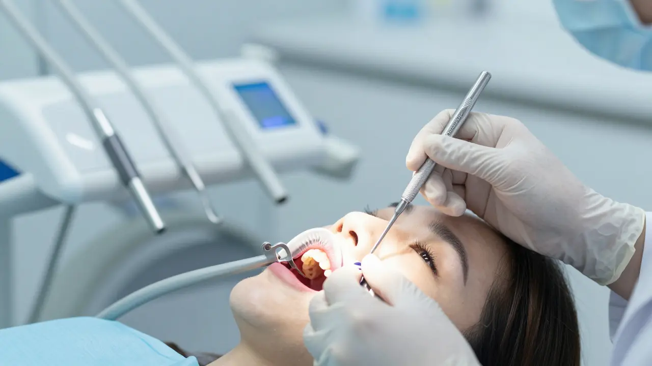 Zubní lékař provádí extrakci zubu moudrosti v moderní klinice