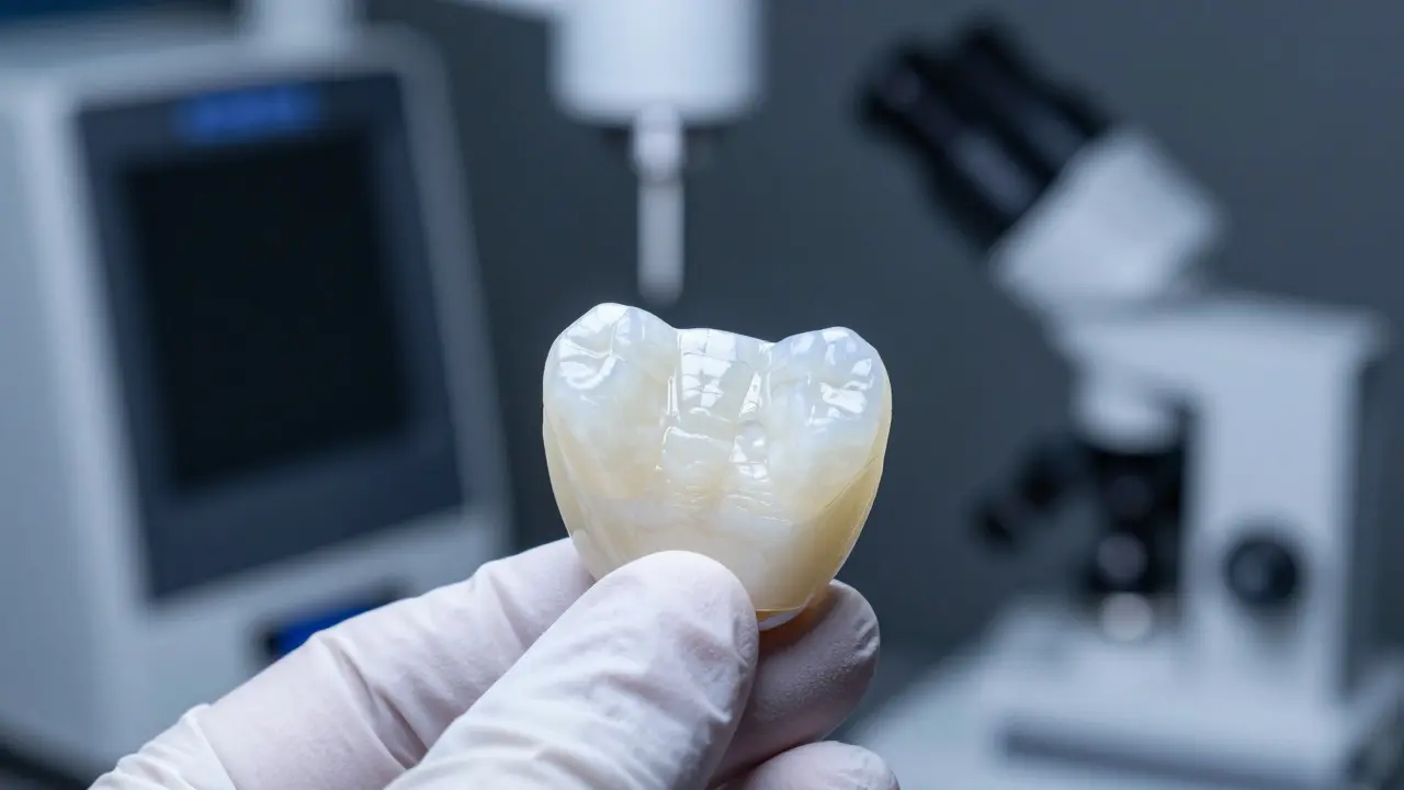 Makro záběr keramické zubní fazety v laboratoři s digitálním vybavením.