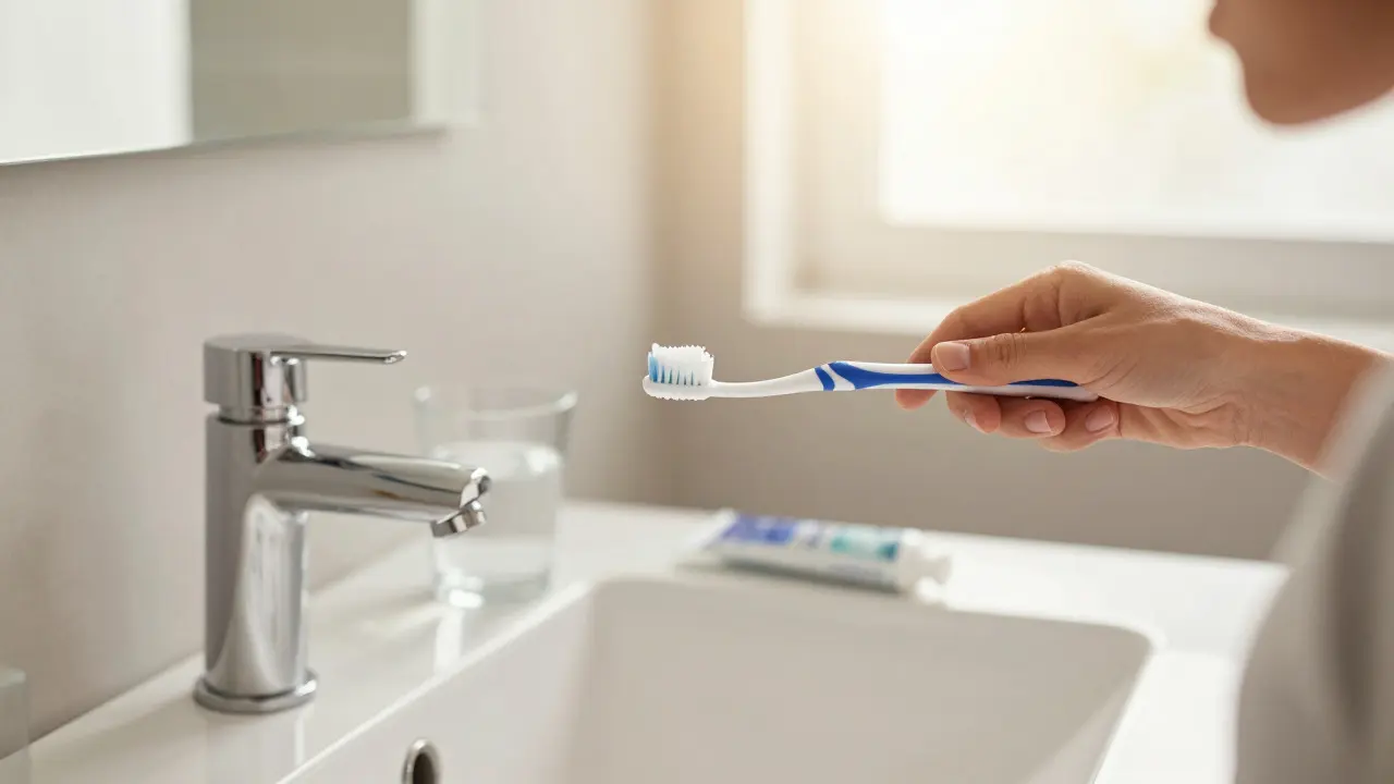 Osoba používající mezizubní kartáček při ranní hygieně