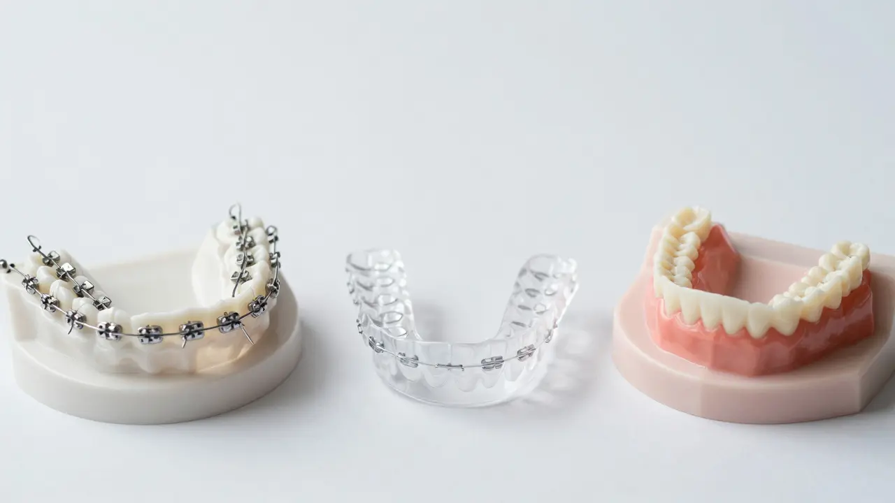Srovnání ortodontických metod: kovové brackety, Invisalign a lingvál aparatura.