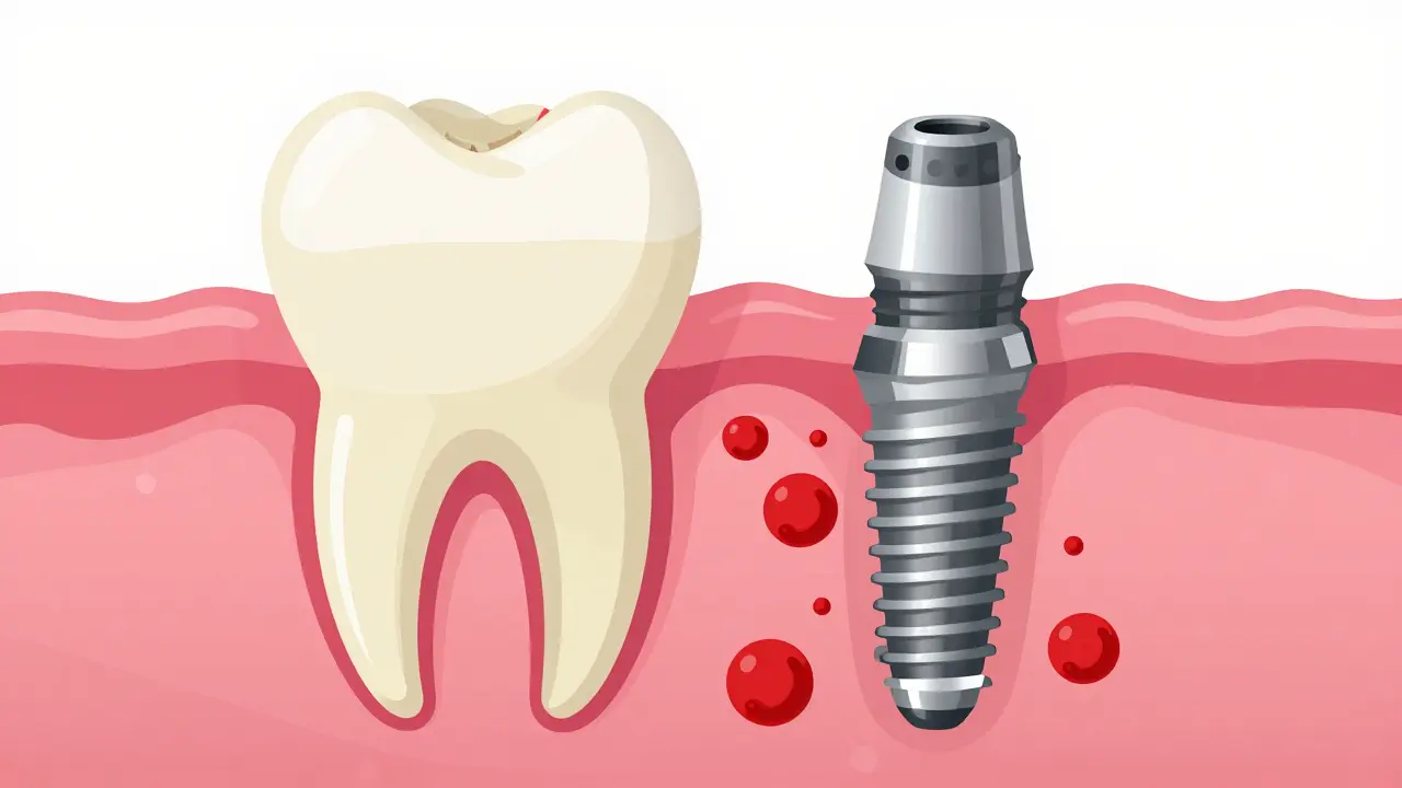 Srovnání přirozeného zuby a implantátu s bakteriemi