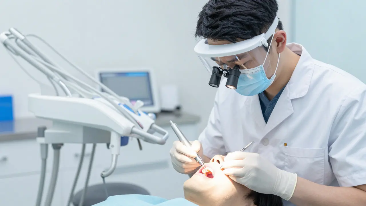 Stomatolog vyšetřuje zub pomocí diagnostického světla