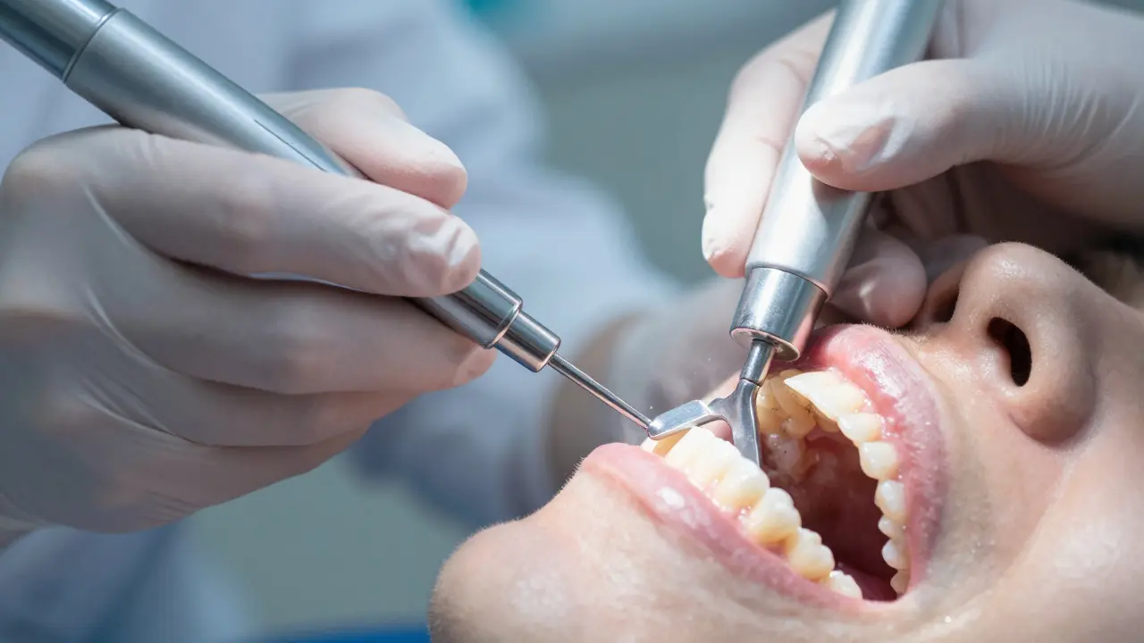 Zubní hygienistka čiští zuby ultrazvukovým škrabkem v blízkém záběru