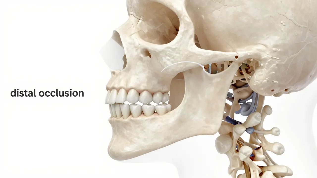 3D model lebky ukazující předkus a nesprávné skus zubů