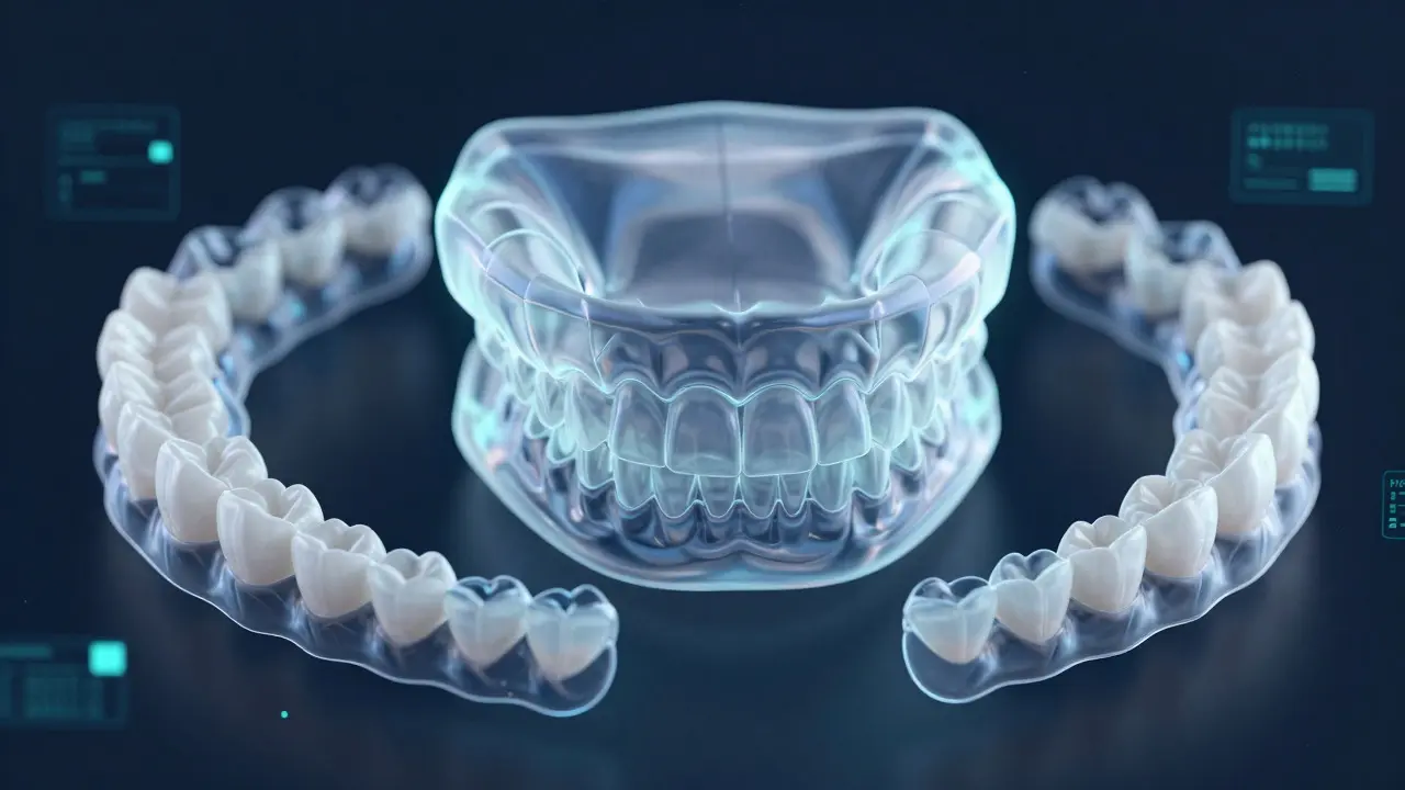 Abstraktní 3D vizualizace postupného narovnávání zubů pomocí sérii průhledných šin