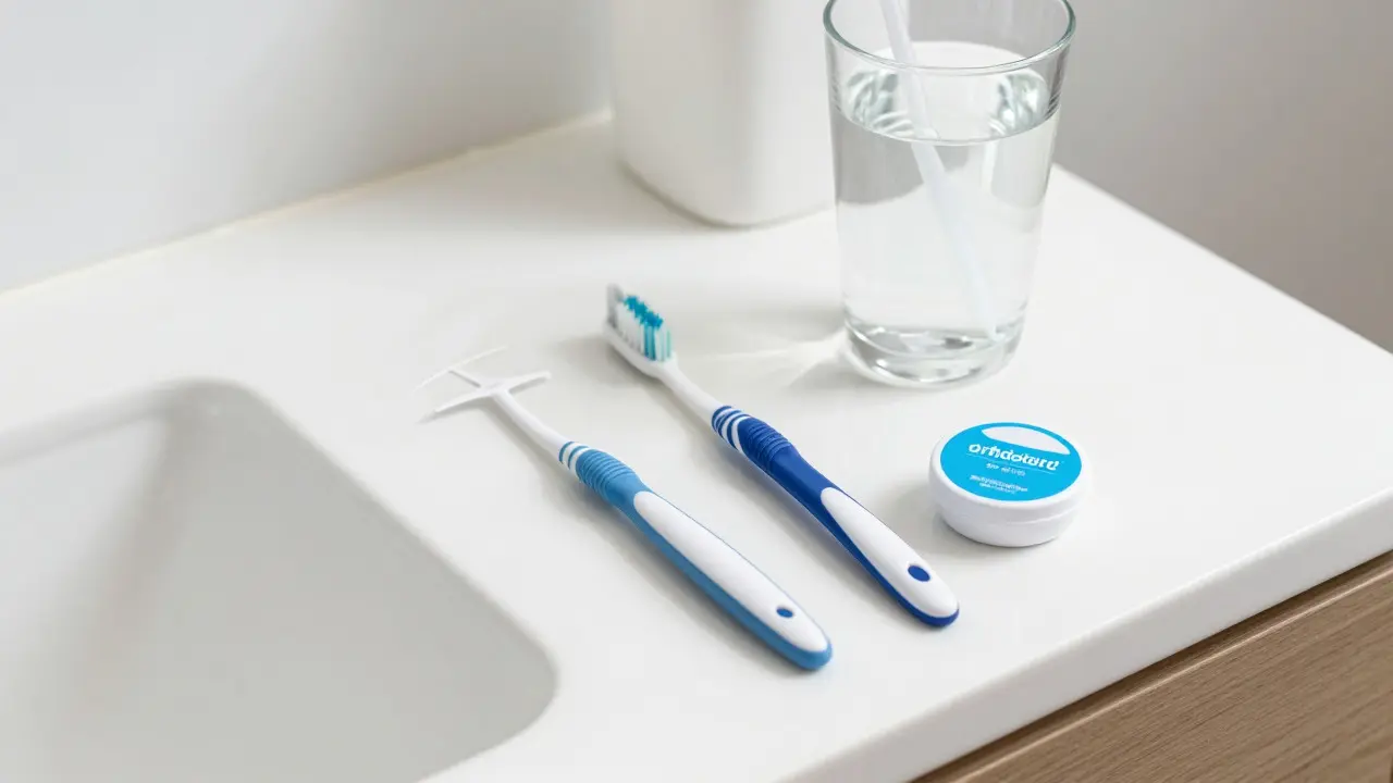 Hygienické pomůcky pro péči o rovnátka: mezizubní kartáček a vosk