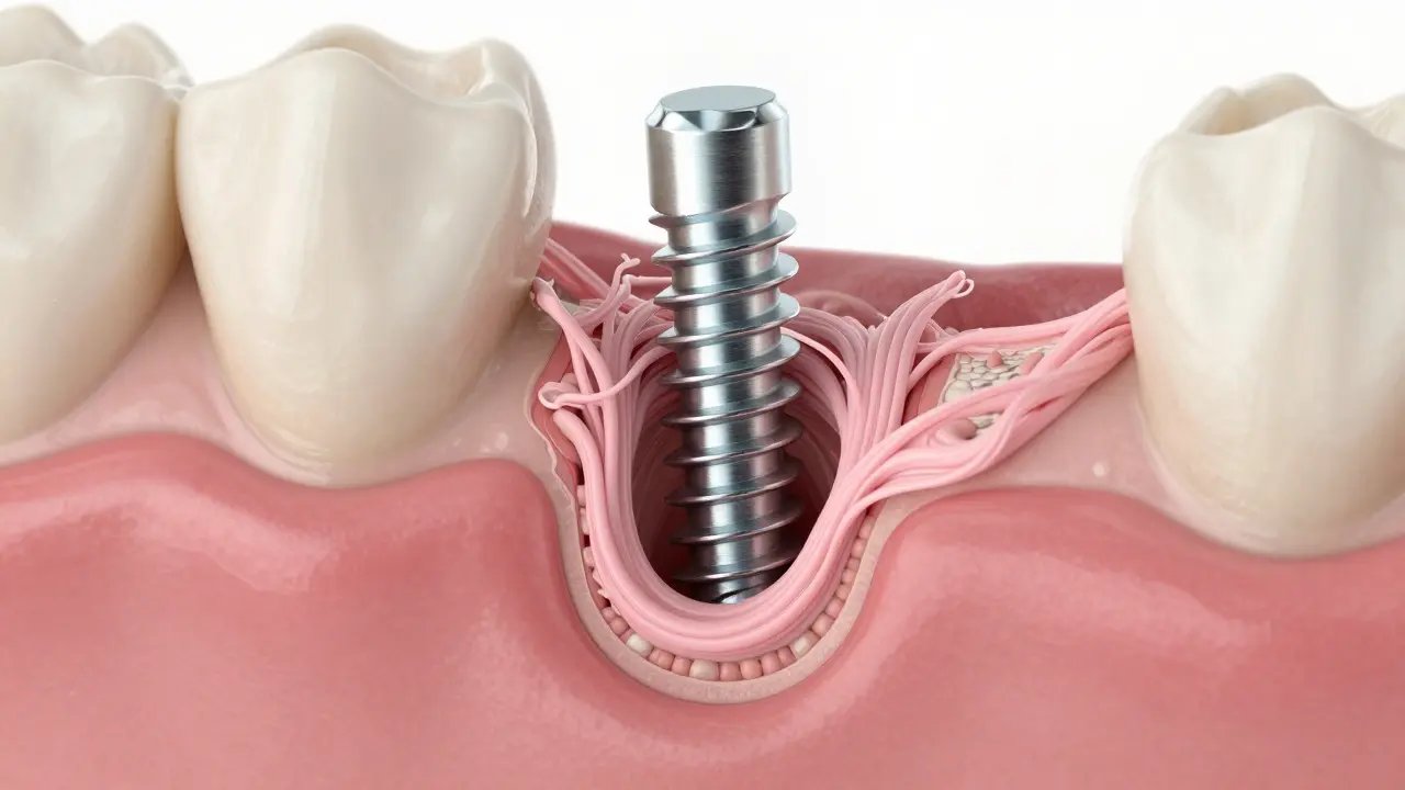 Makro pohled na kostní tkáň přirostající k titánovému zubnímu implantátu