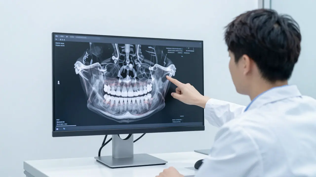 Ortodont ukazuje na digitální 3D sken čelisti