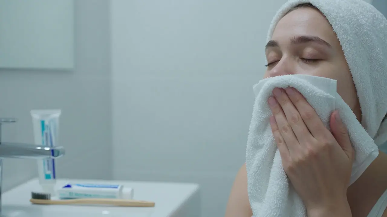 Osoba s chladným obkladem na tváři v klidné koupelně