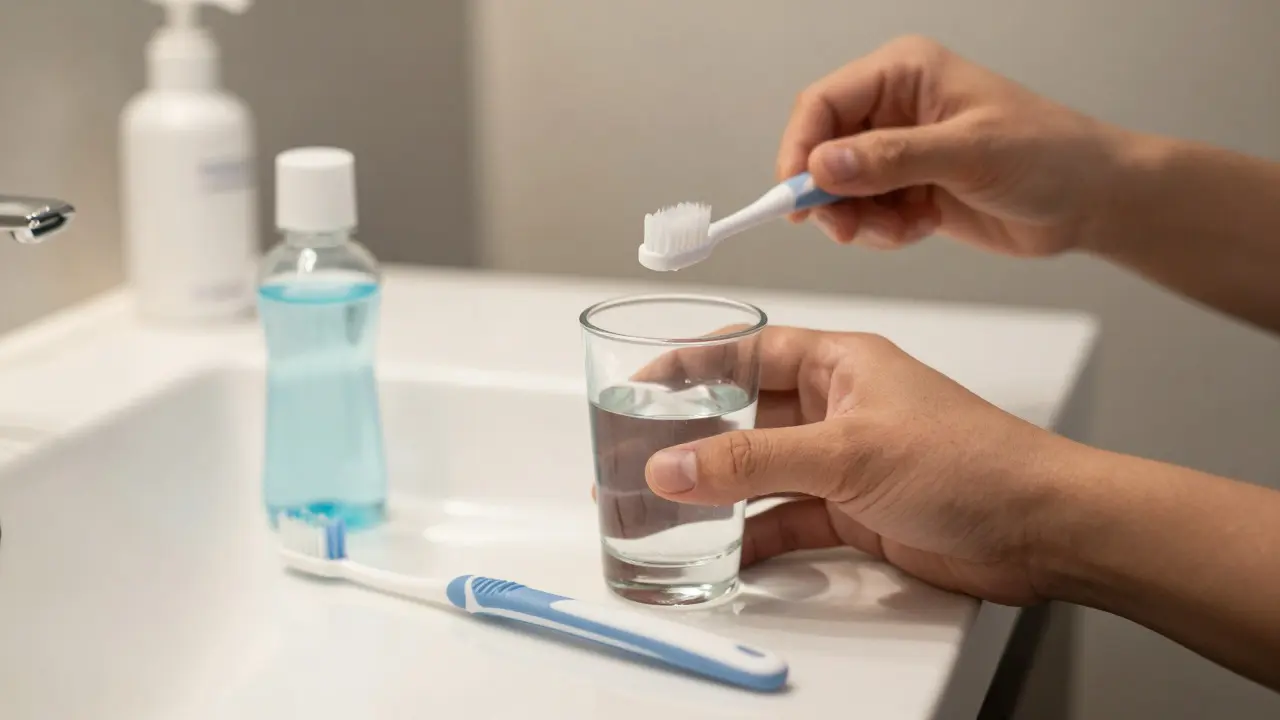 Pacient drží ústní vodu a kartáček pro hygienu po ošetření