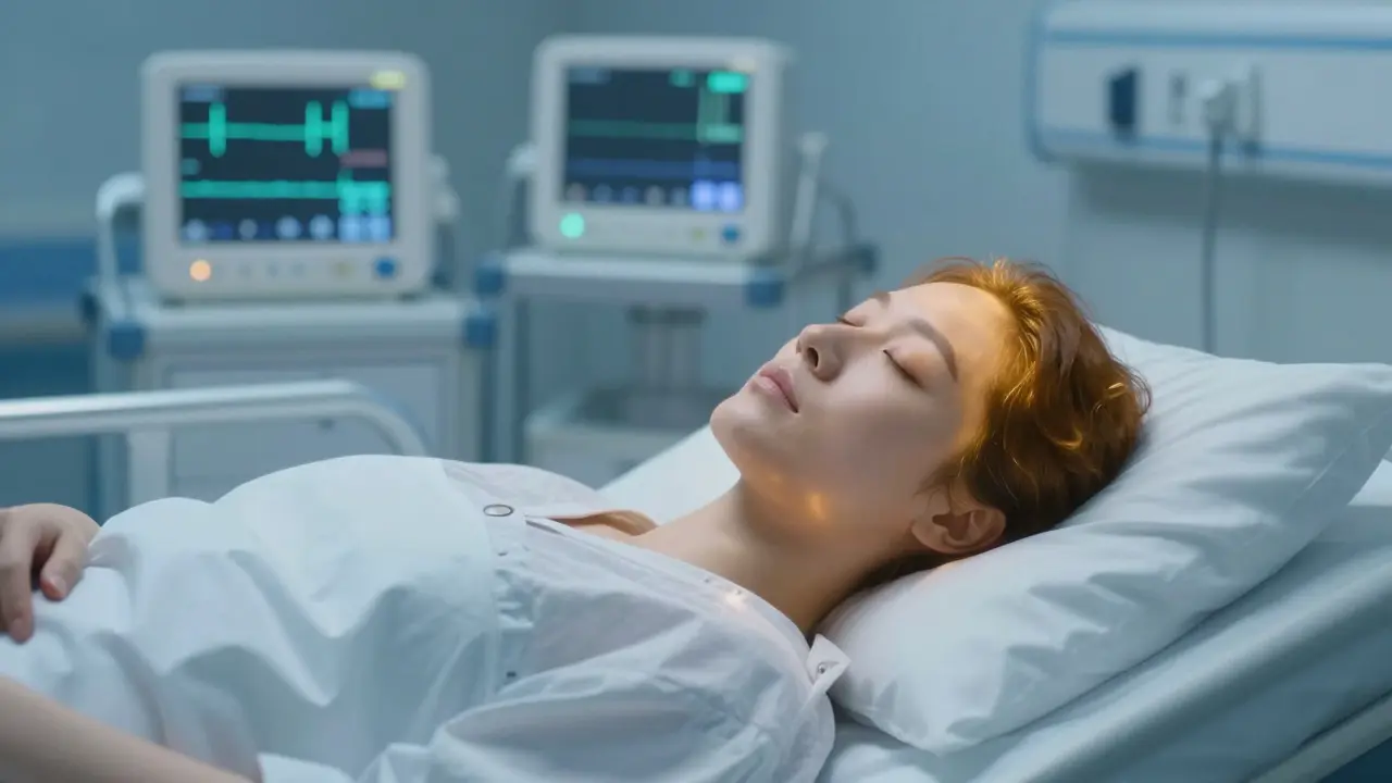 Pacient v hlubokém spánku pod celkovou anestezií s monitorováním životních funkcí