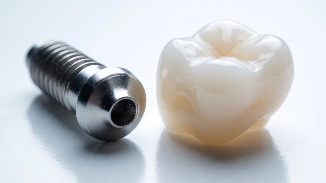 Titanový implantát a keramická korunka na bílém pozadí