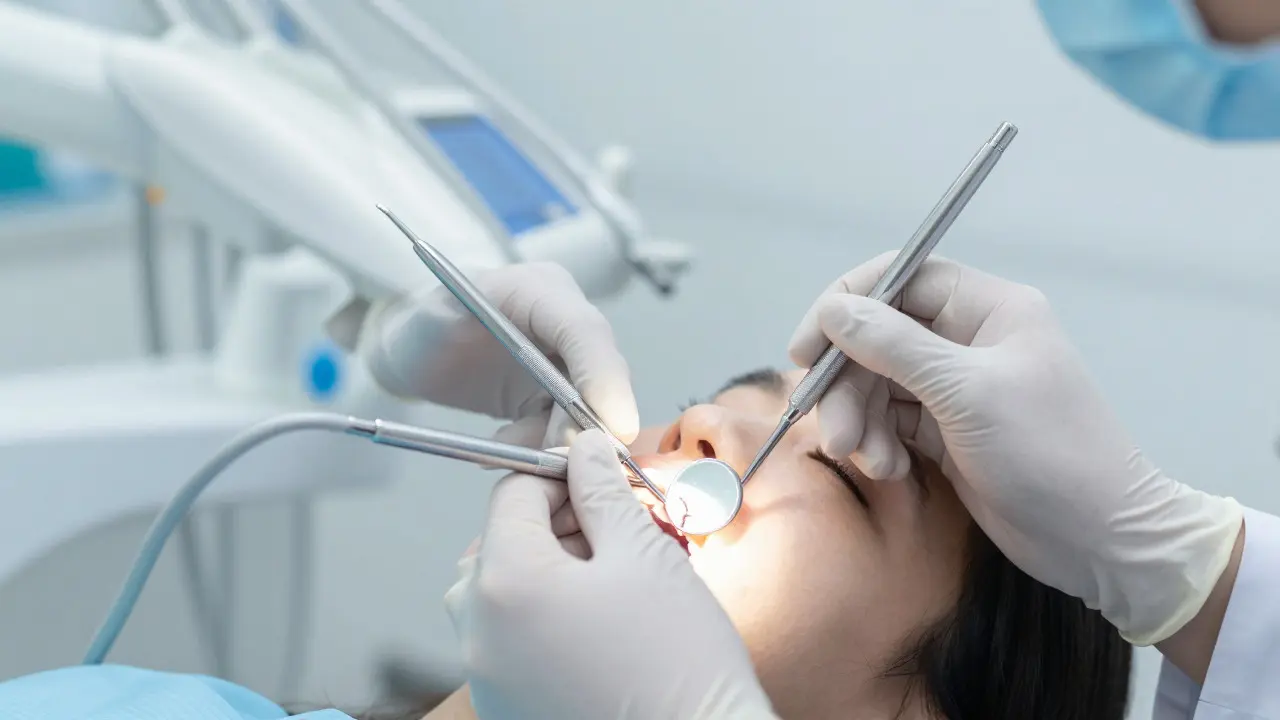 Zubní lékař provádí diagnostiku praskliny na zubech pomocí speciálního osvětlení