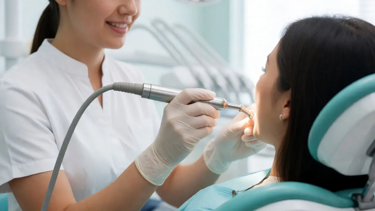 Dentální hygienistka používá ultrazvukový přístroj k odstranění kamene