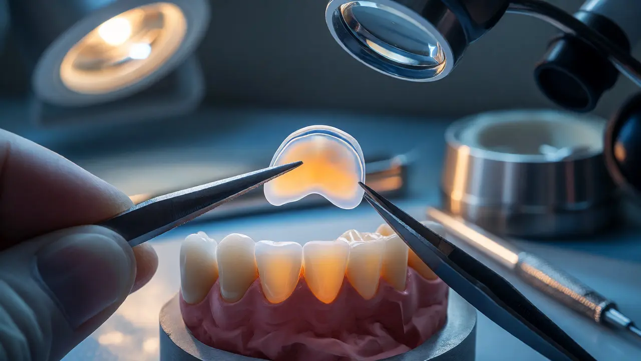 Detailní makro snímek ruční výroby tenké keramické fazety v zubní laboratoři