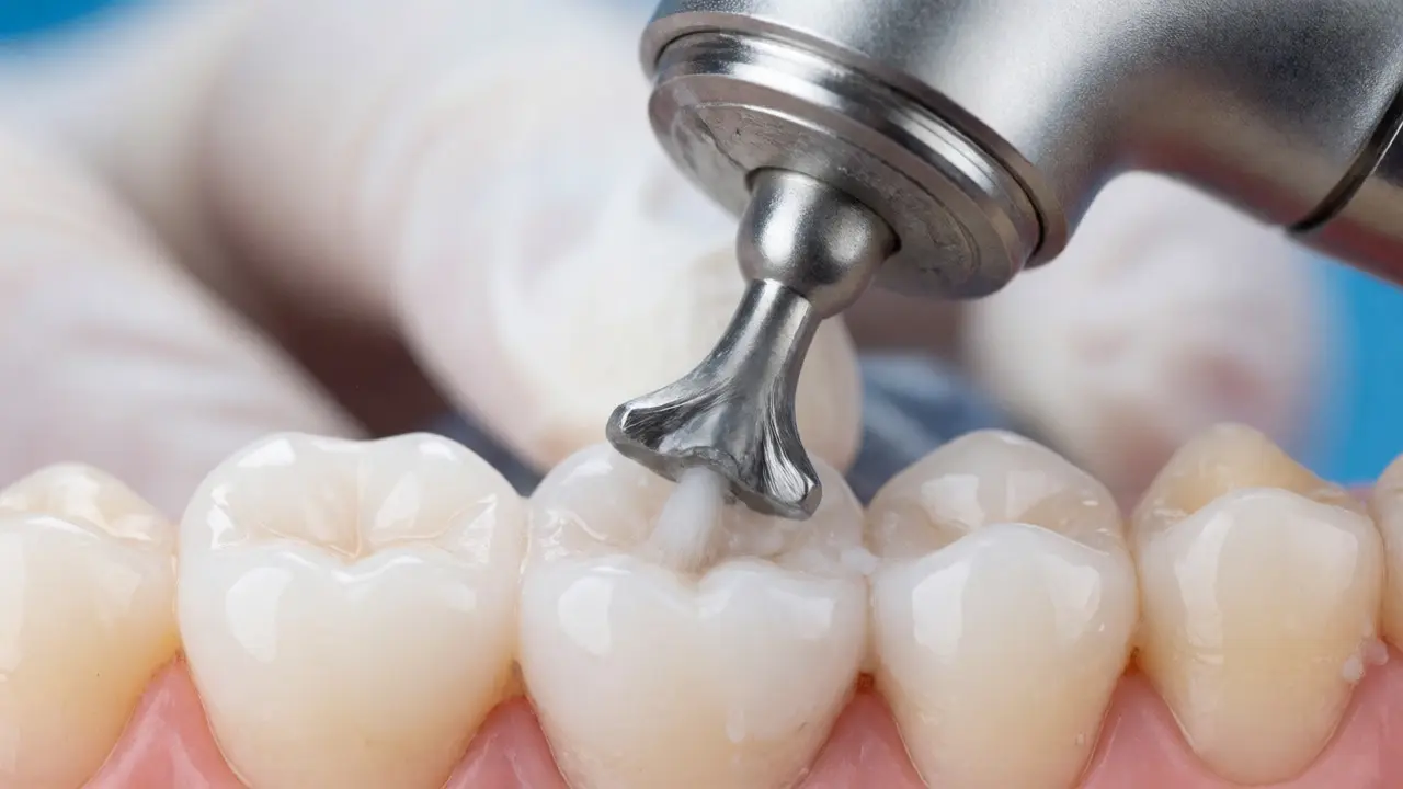 Detailní záběr na broušení zubu vrtákem pro přípravu na nasazení korunky
