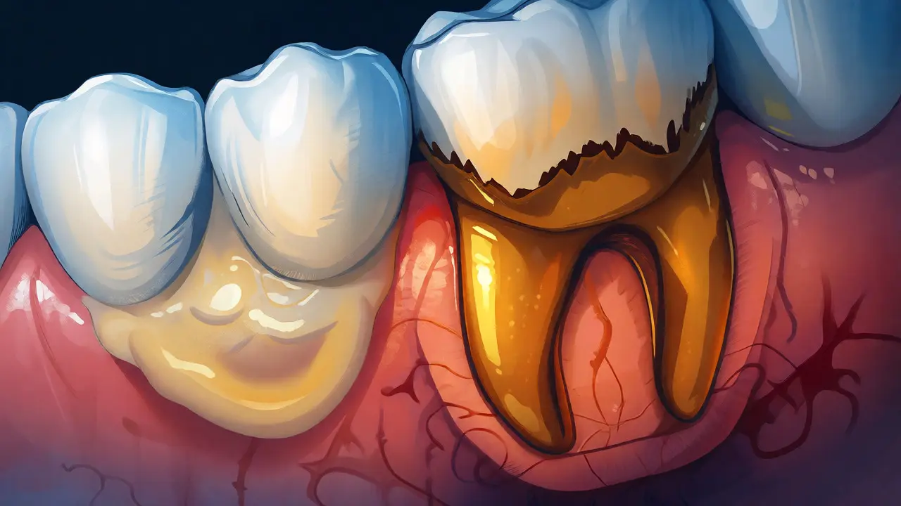 Ilustrace přeměny měkkého plaku na tvrdý zubní kámen a zánět dásní.