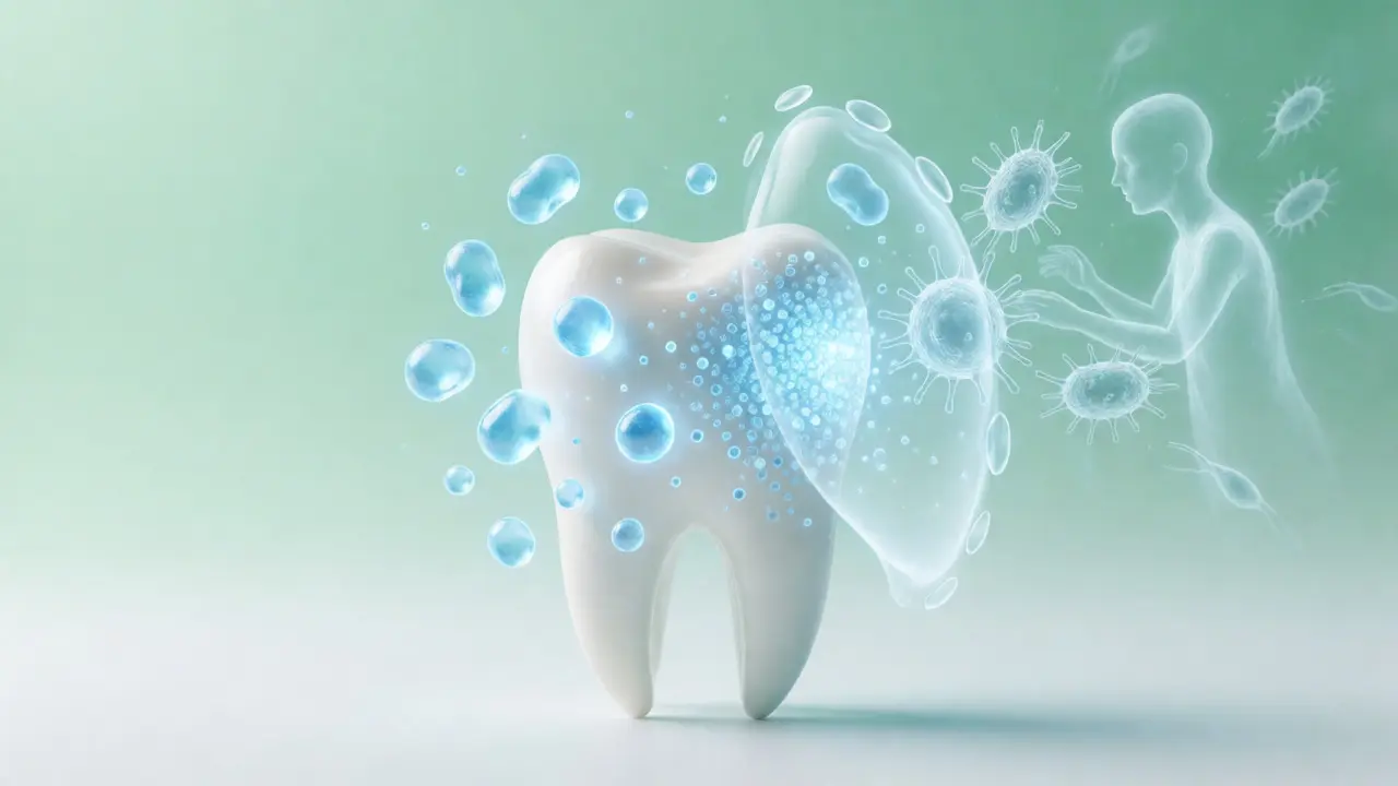 Konceptuální vizualizace remineralizace zubů pomocí fluoridu