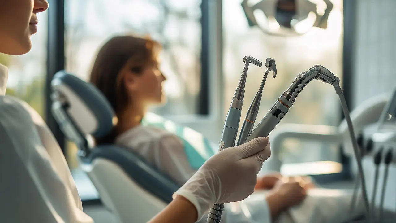 Moderní zubní hygiena s nástroji pro čištění v světlé ordinaci.
