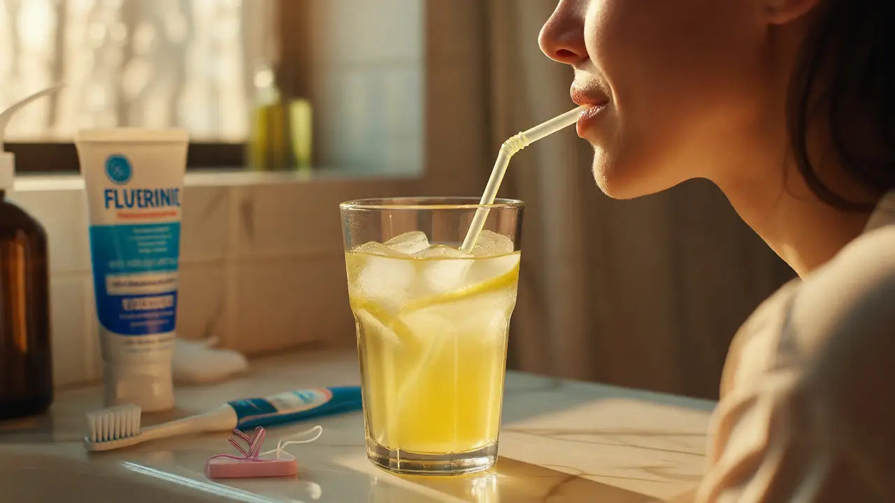 Pití citronové vody brčkem pro ochranu zubní skloviny