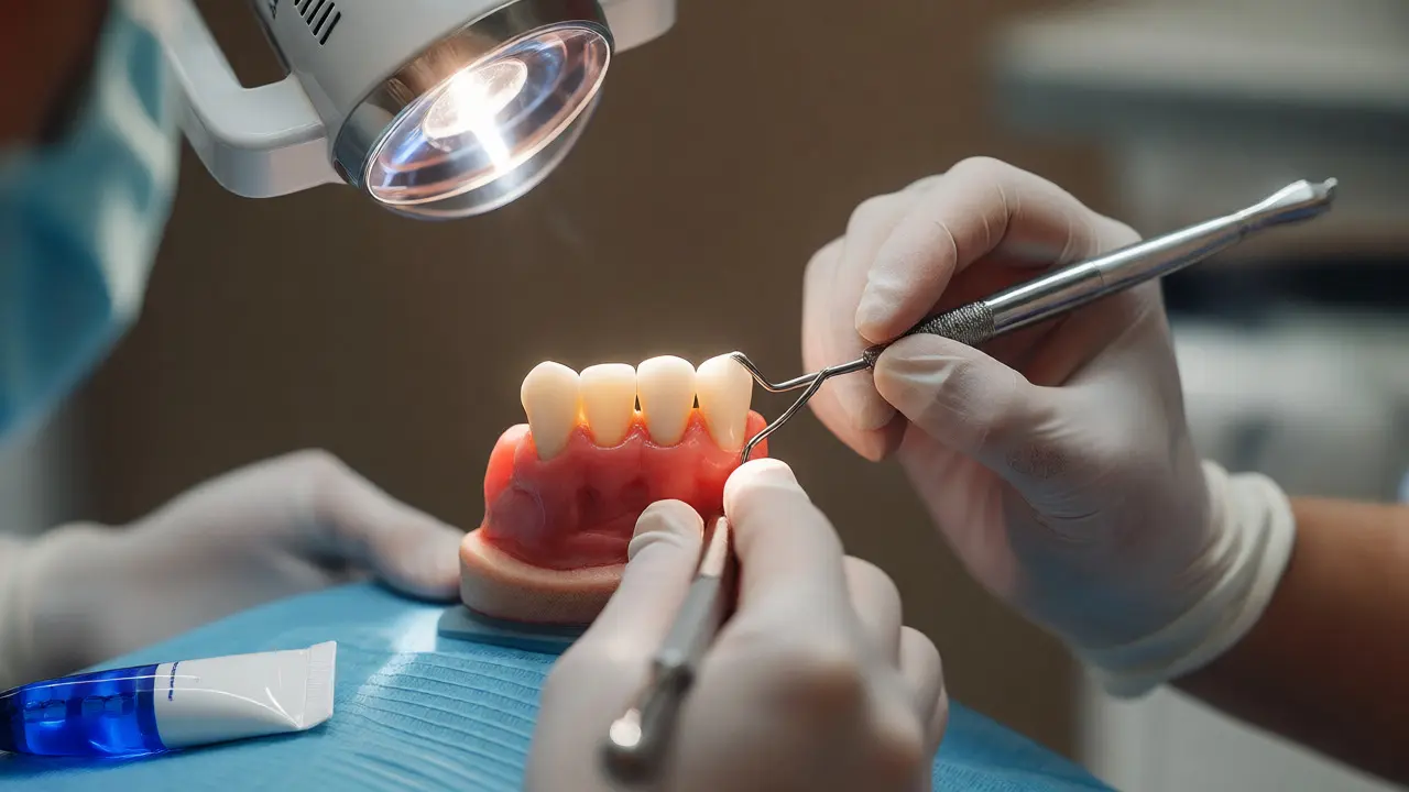 Zubní lékař provádí opravu zubu kompozitním materiálem pod operačním světlem