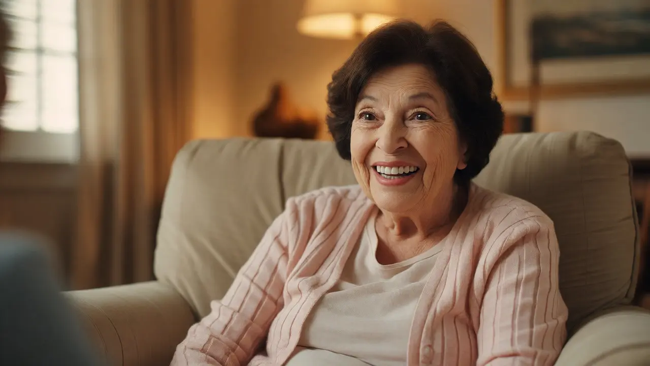 Confident woman smiling and talking comfortably at home