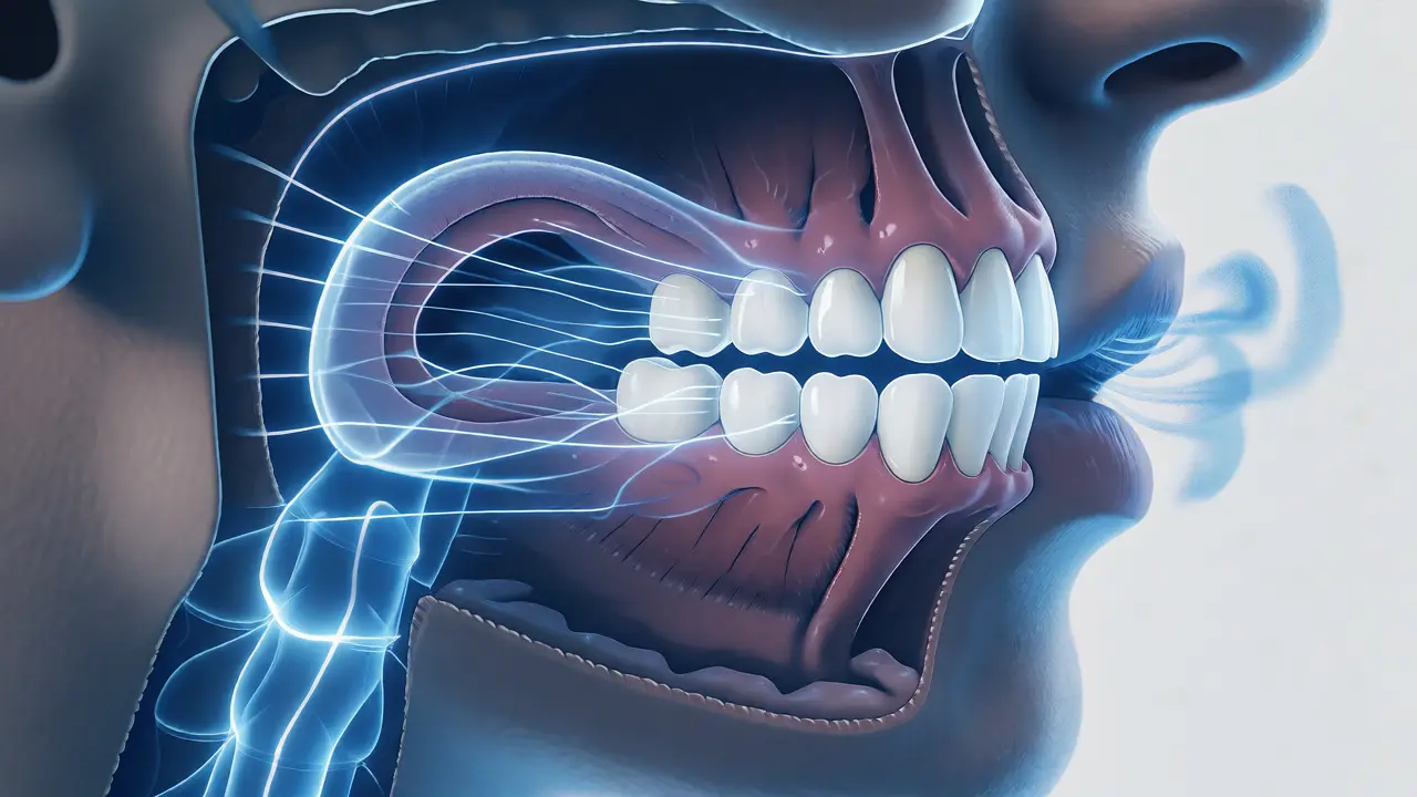 Diagram of sound waves interacting with dentures in oral cavity
