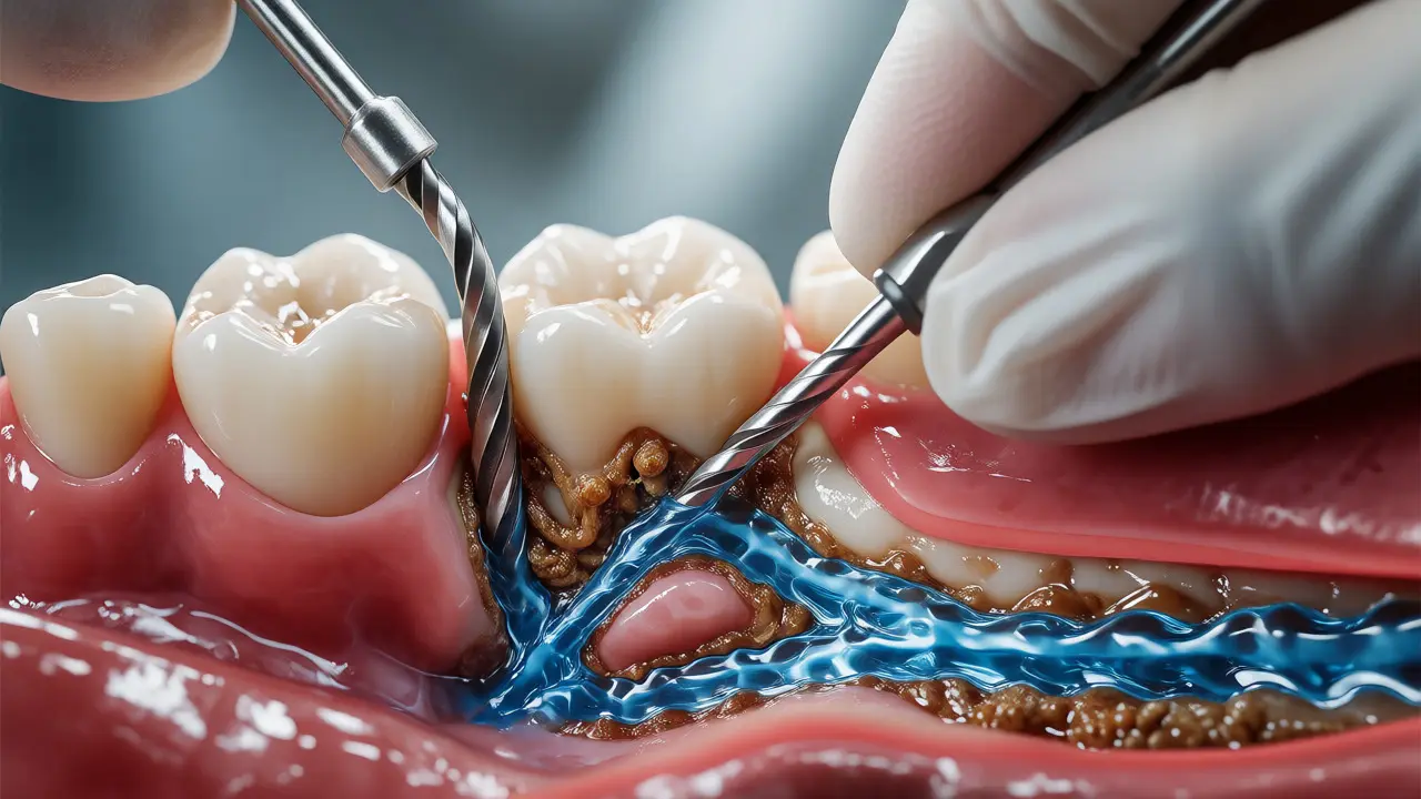 Endodontické ošetření s čištěním kanálků pilníky a dezinfekčním roztokem.