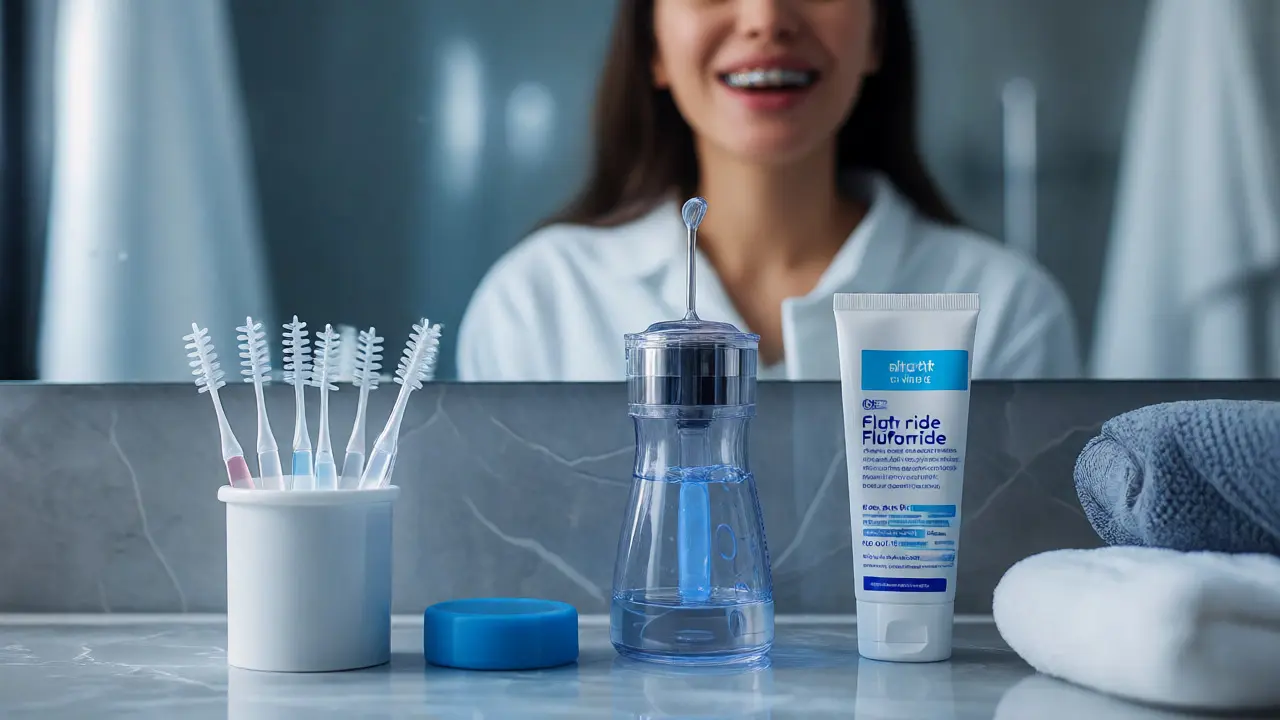 Hygienické pomůcky pro ústní dutinu s rovnátky na koupelnovém pultě