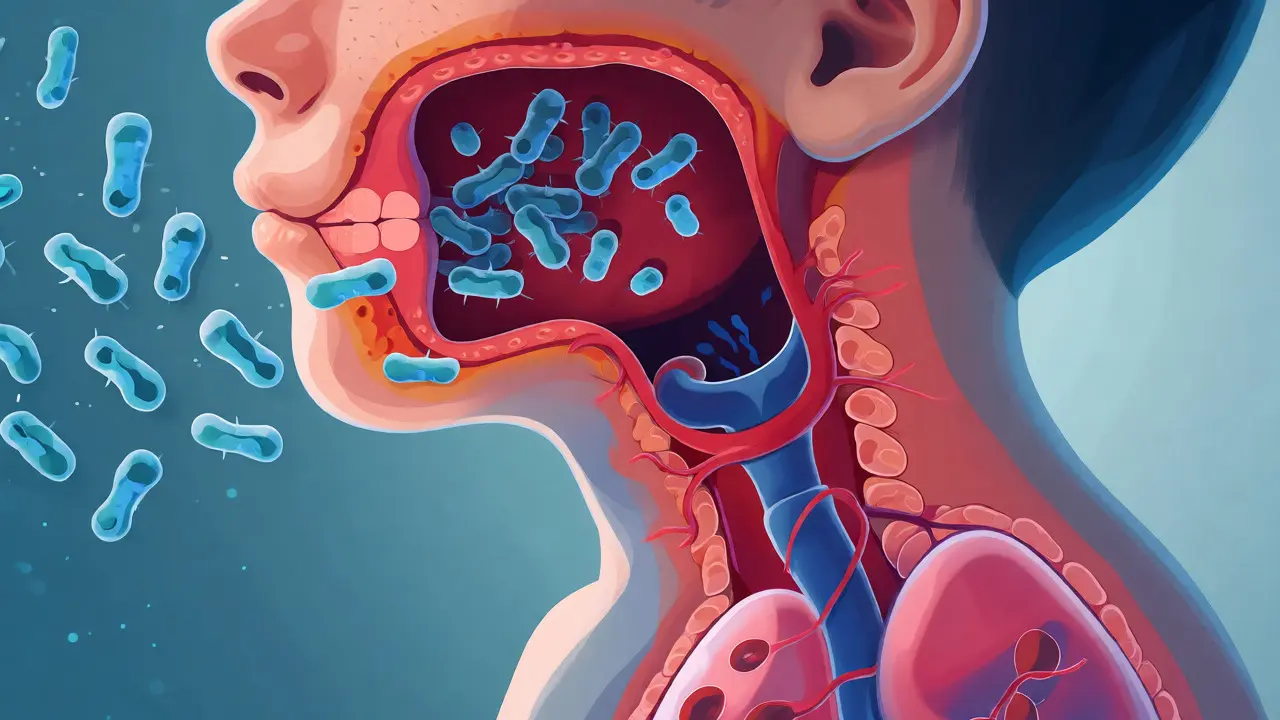 Ilustrace šíření bakterií z úst do těla dítěte