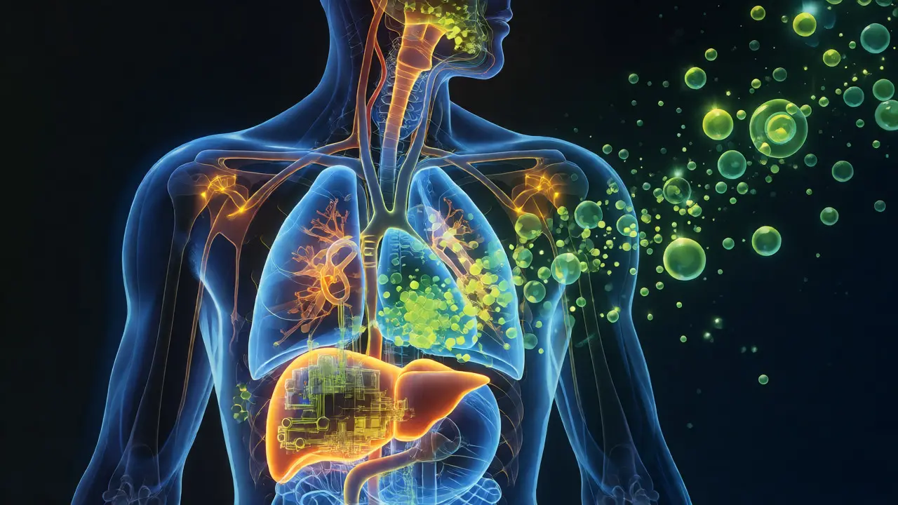 Konceptuální ilustrace metabolismu nikotinu a kotininu v lidském těle