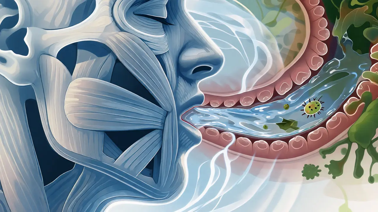 Konceptuální ilustrace zdravých zubů a slin chráněných před bakteriemi pomocí klidného dýchání a relaxace.