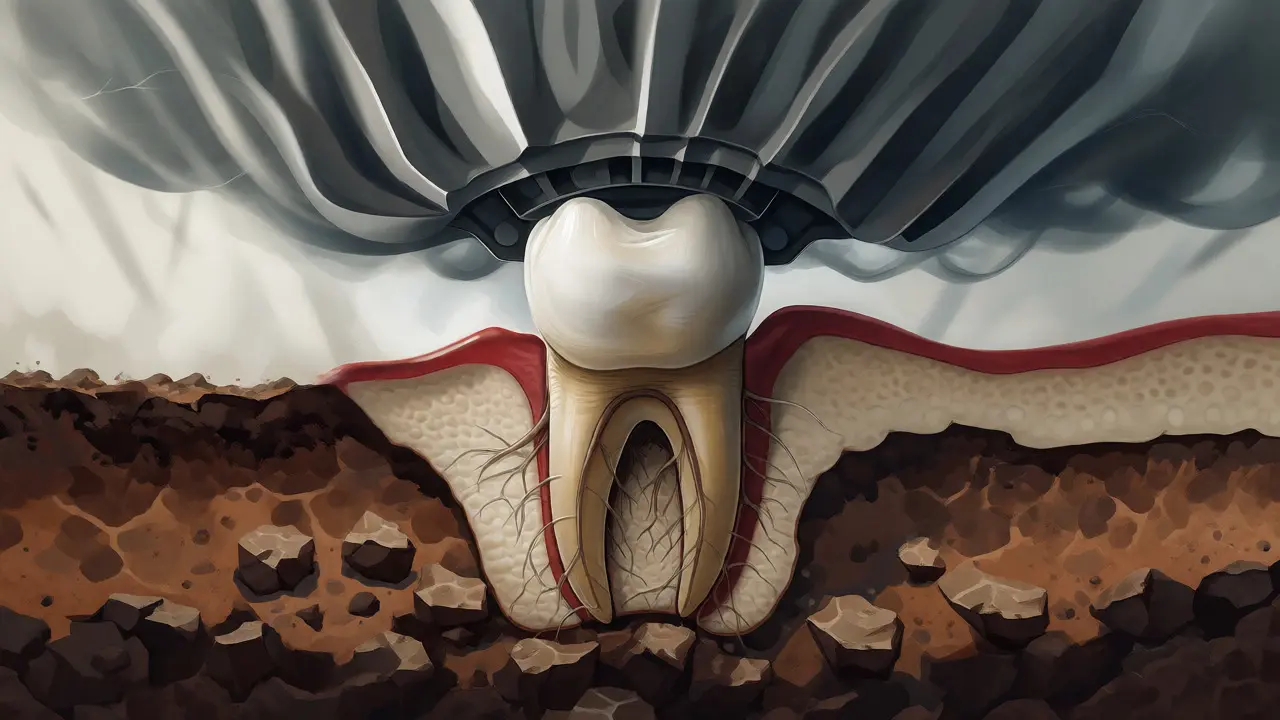 Konceptuální ilustrace zubu jako stromu v erozované půdě pod tlakem